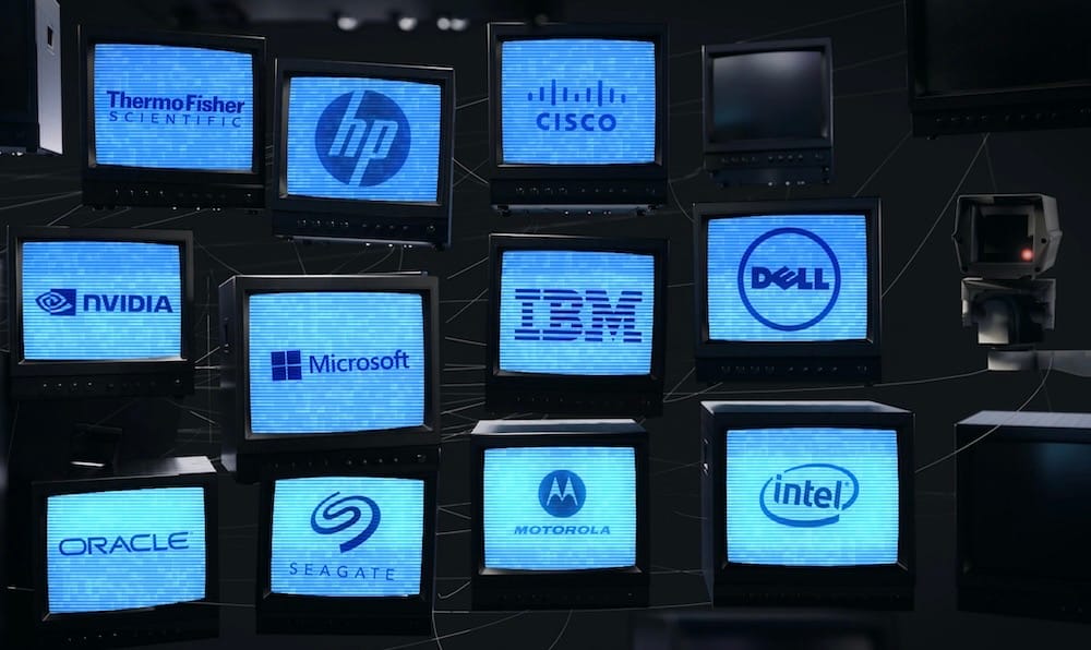 a screenshot showing a bunch of television sets featuring U.S. tech company logos, including Nvidia, Intel, Dell, IBM, Microsoft, Oracle, Cisco, and others.