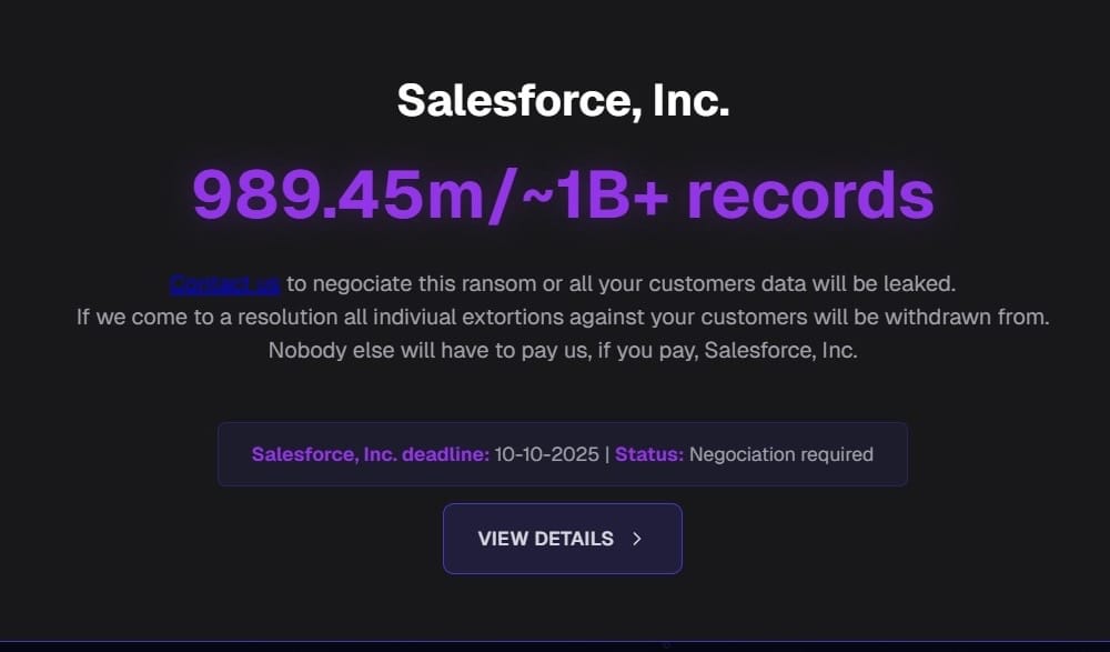 a screenshot from the ShinyHunters' leak site, which reads in part (and bad spelling): "Contact us to negociate this ransom or all your customers data will be leaked. If we come to a resolution all indiviual extortions against your customers will be withdrawn from. Nobody else will have to pay us, if you pay, Salesforce, Inc."