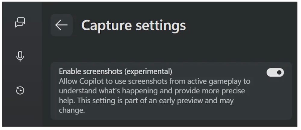 a screenshot of a Windows 11 PC with Gaming Copilot enabled, with a toggle settings option, which reads: "Enable screenshots..." followed by: "Allow Copilot to use screenshots from active gameplay to understand what's happening and provide more precise help. This setting is part of an early preview and may change."