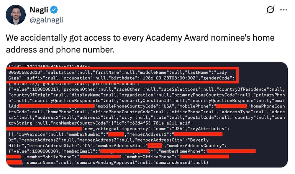 Nagli tweet: "We accidentally got access to every Academy Award nominee's home address and phone number," followed by a redacted JSON blob of data containing information about Oscar nominees.