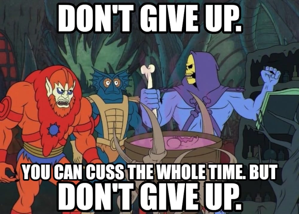 an Inspirational Skeletor meme, which reads: "Don't give up. You can cuss the whole time. But don't give up."