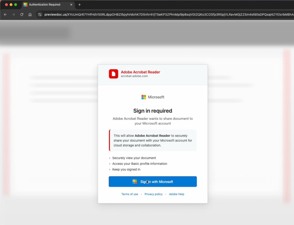 a screenshot of a web browser window, which appears to show a popup window within the browser window itself — essentially what's called a "browser-in-the-browser" attack — which is meant to look like a legitimate browser popup for signing into an account.