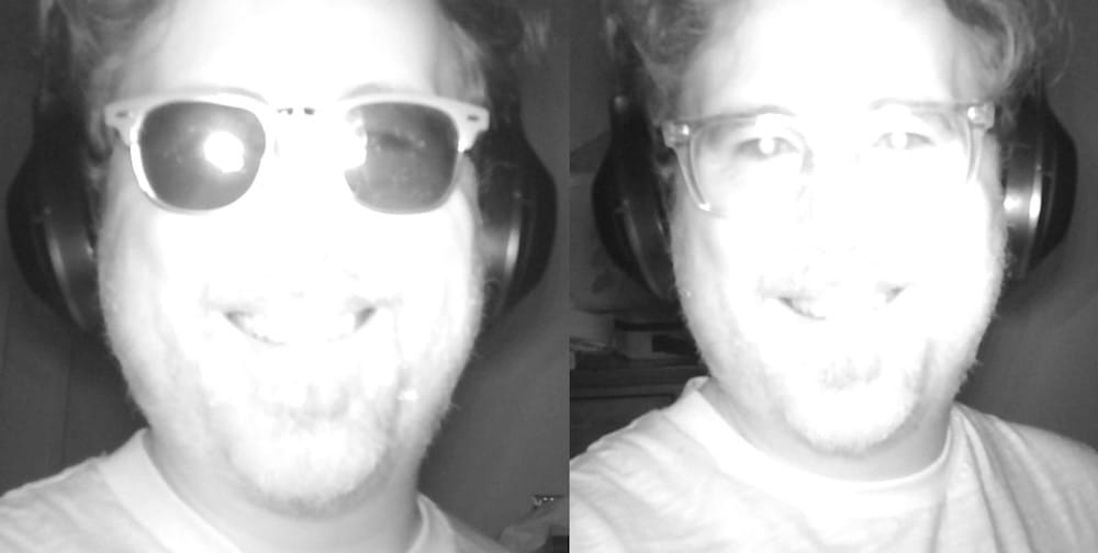two photos side-by-side, one with the article's author wearing Zenni's anti-facial recognition glasses (which appear as dark lenses to mask the person's eyes under infrared light) and regular glasses on the right, which don't do anything.