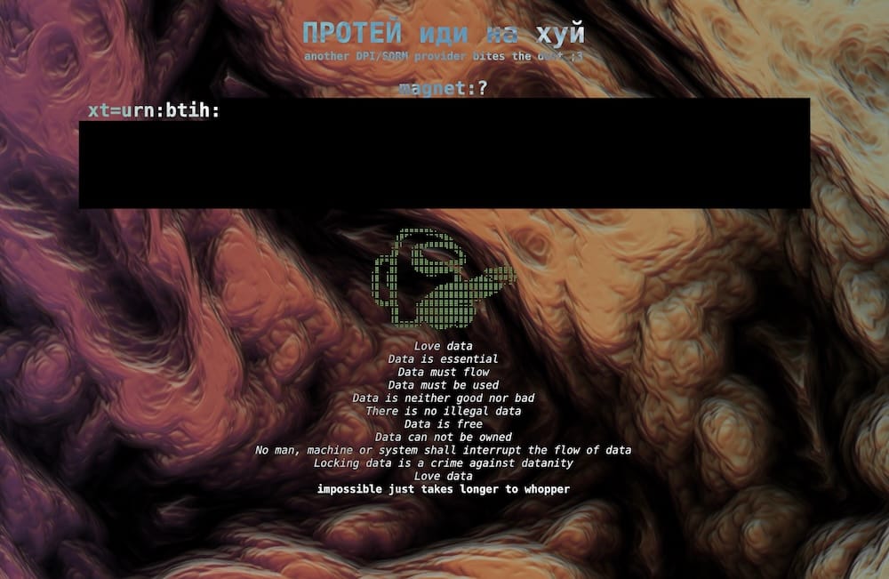 a screenshot of Protei's defaced website, which says: "another DPI/SORM provider bites the dust." The magnet/torrent link is redacted.