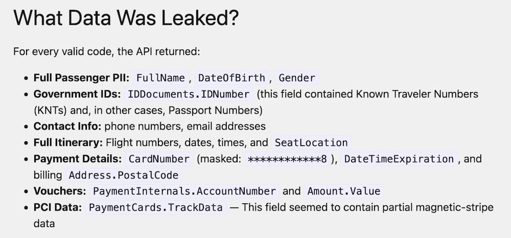 A screenshot from Alex Schapiro's post, which says: "What Data Was Leaked?  For every valid code, the API returned:      Full Passenger PII: FullName, DateOfBirth, Gender     Government IDs: IDDocuments.IDNumber (this field contained Known Traveler Numbers (KNTs) and, in other cases, Passport Numbers)     Contact Info: phone numbers, email addresses     Full Itinerary: Flight numbers, dates, times, and SeatLocation     Payment Details: CardNumber (masked: ************8), DateTimeExpiration, and billing Address.PostalCode     Vouchers: PaymentInternals.AccountNumber and Amount.Value     PCI Data: PaymentCards.TrackData — This field seemed to contain partial magnetic-stripe data"
