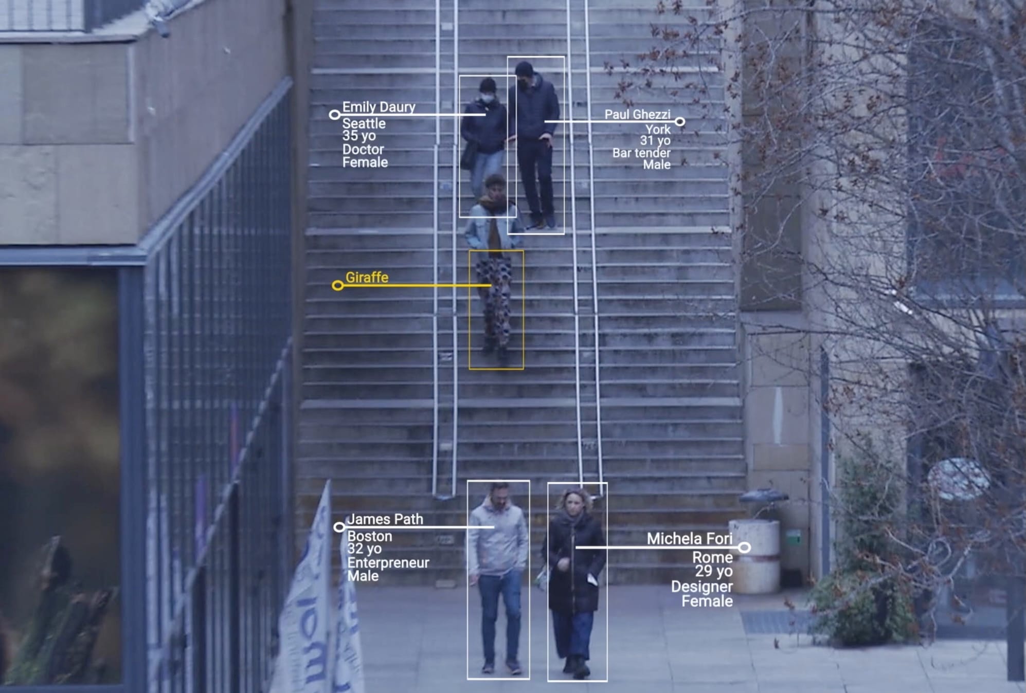 a screenshot from a facial/object recognition system that is detecting a bunch of people by name and biometric, but see's someone wearing counter-surveillance clothing and detects them as a "giraffe."