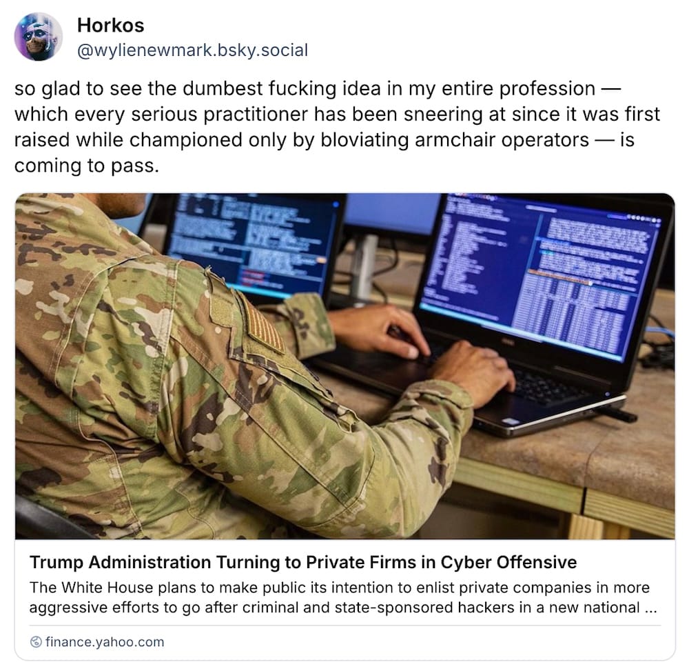 Horkos post on Bluesky: "so glad to see the dumbest f**king idea in my entire profession — which every serious practitioner has been sneering at since it was first raised while championed only by bloviating armchair operators — is coming to pass."