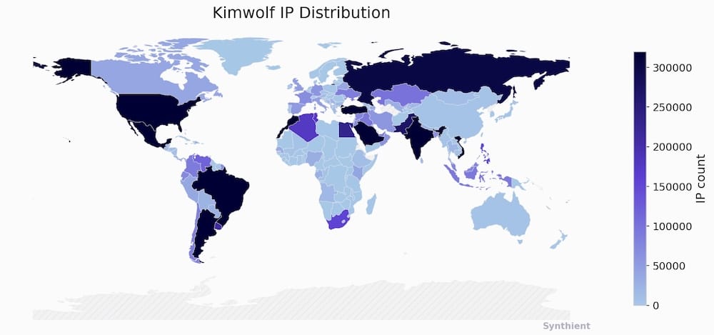 a screenshot of Kimwolf's IP distribution globally, showing infection hotspots in the U.S., Brazil, the Middle East, India, and Russia.