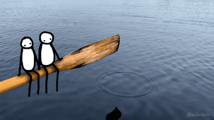 An animated gif of a post by @eclectech, featuring a pool of water with a cartoon pair of stick-drawing people sitting on an oar, over the water, with drips falling into the water. 