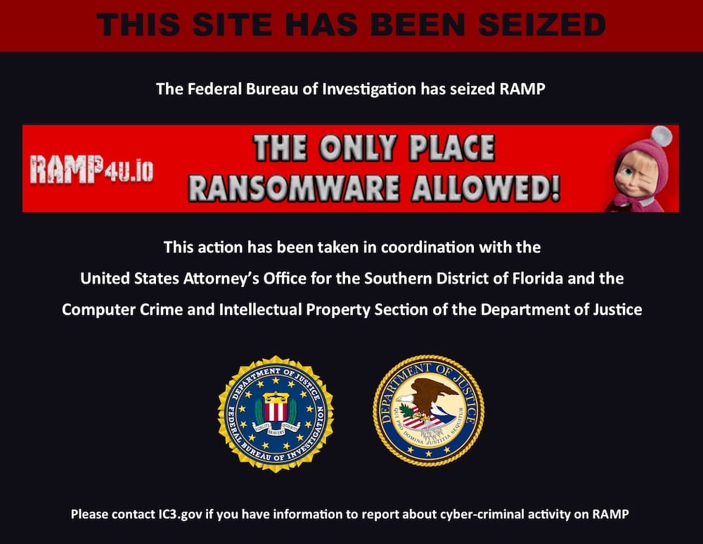 a screenshot of a seizure notice splash screen on the RAMP forum, showing a red banner: "THIS SITE HAS BEEN SEIZED"