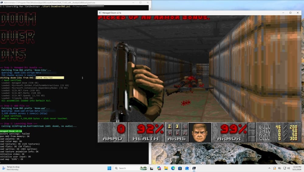 a screenshot showing Doom running on the right-side, with a terminal window showing DNS data on the left, all within a Windows environment.