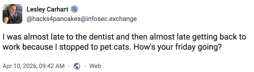 Lesley Carhart post on Mastodon: "I was almost late to the dentist and then almost late getting back to work because I stopped to pet cats. How's your friday going?"