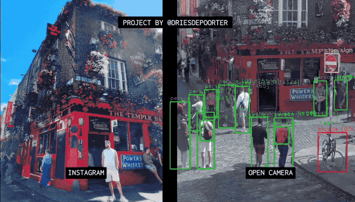 An animated GIF: left side shows a photo of an Instagram influencer stood outside a pub, and on the right is an open webcam that identifies where the photo was taken.