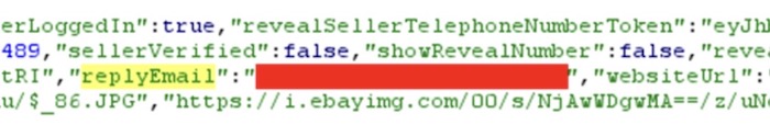 Screenshot of Gumtree's website source code, viewed from the browser, exposing personal information of its users.