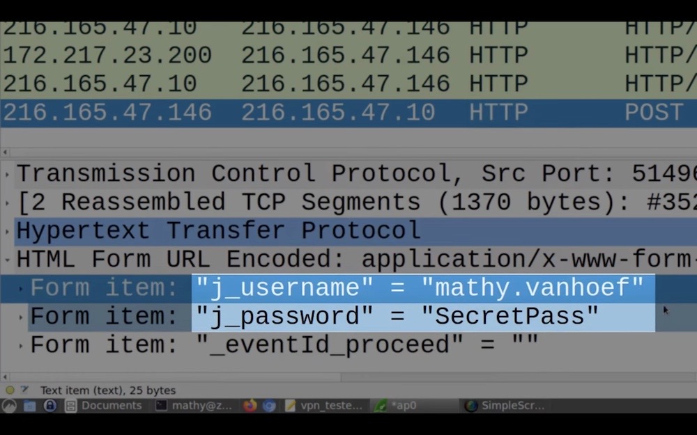 A screenshot from a video on Mathy Vanhoef's website showing a username and password leaking outside of a secure VPN tunnel.