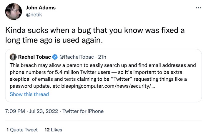 John Adams tweet: "Kinda sucks when a bug that you know was fixed a long time ago is used again."