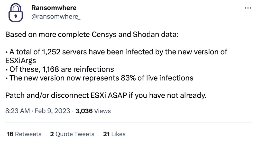 Ransomwhere tweet: "Based on more complete Censys and Shodan data: • A total of 1,252 servers have been infected by the new version of ESXiArgs • Of these, 1,168 are reinfections • The new version now represents 83% of live infections Patch and/or disconnect ESXi ASAP if you have not already."
