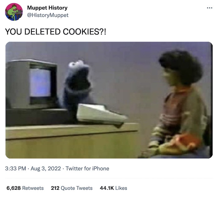 A still photo from a historical episode of Sesame Street, with a person using a vintage computer with the Cookie Monster captioned as saying, "You deleted cookies?!" in alarm.