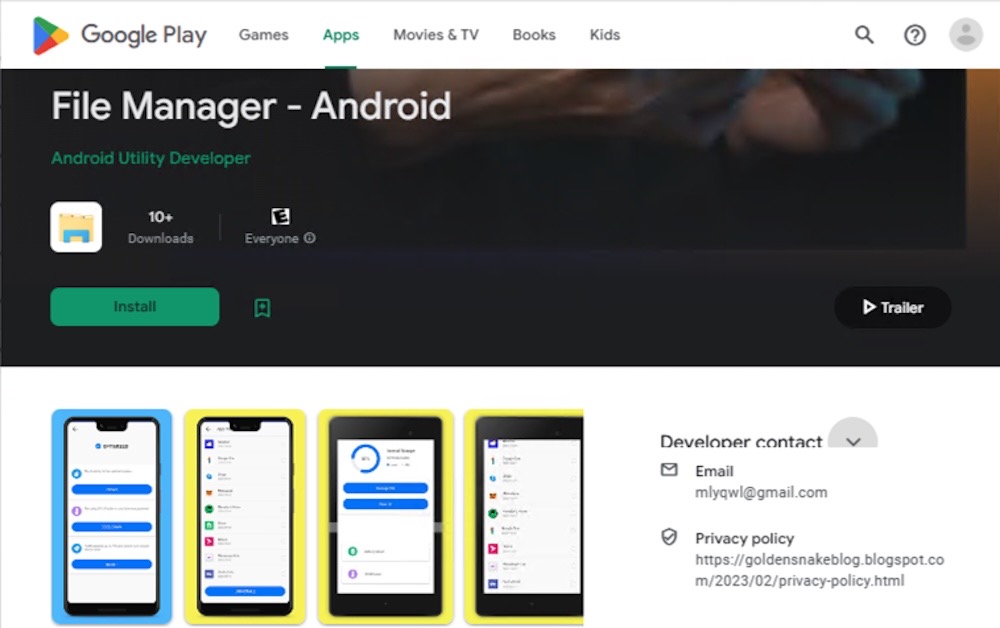 A screenshot showing a 'File Manager' listed app in Google Play, but the app is actually North Korean spyware.