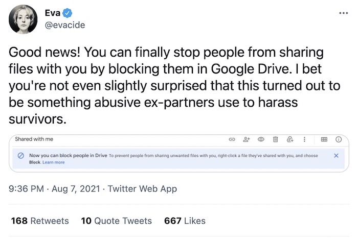 A tweet by Eva Galperin: "I bet you're not even slightly surprised that this turned out to be something abusive ex-partners use to harass survivors."