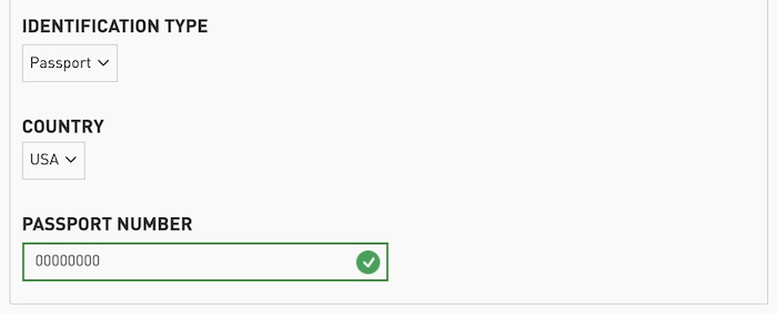 A screenshot showing a passport number field, used (ostensibly) for identity verification but that the box lights up as green with a check even with all-zeros as the passport number.
