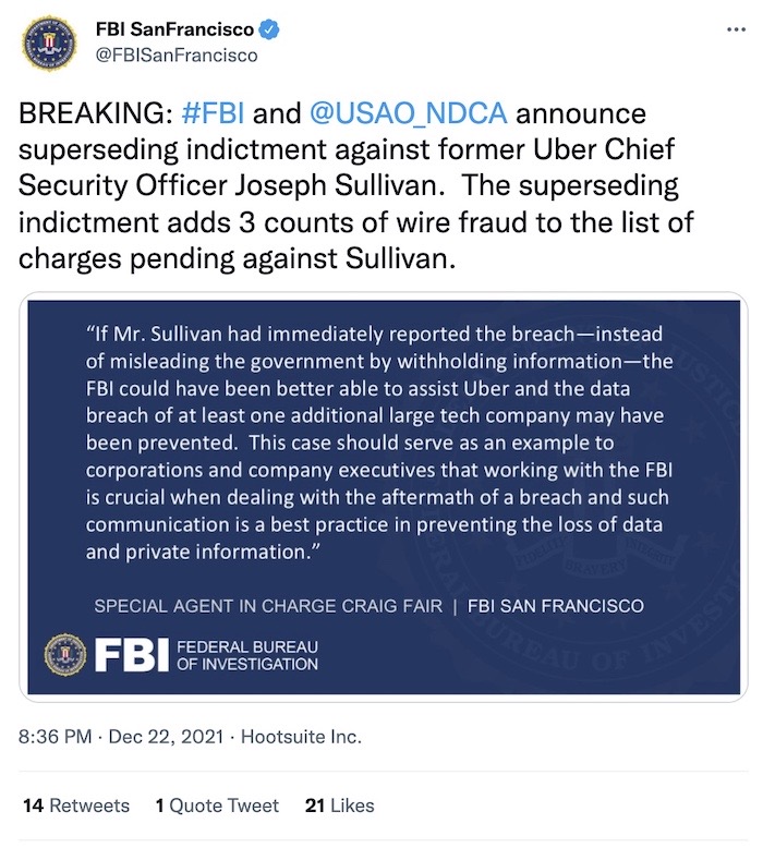Tweet from FBI: "FBI and @USAO_NDCA announce superseding indictment against former Uber Chief Security Officer Joseph Sullivan."