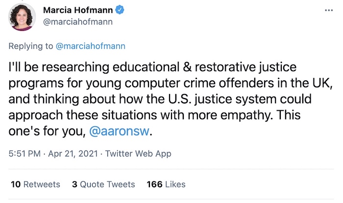 Marcia Hofmann tweet thread, which says: "I'm honored, grateful, and unbelievably excited to have been granted a 2021-2022 @FulbrightPrgrm Cyber Security Award."