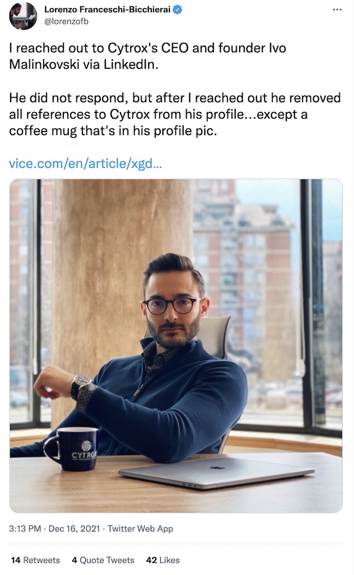 Lorenzo Franceschi-Bicchierai tweet: "I reached out to Cytrox's CEO and founder Ivo Malinkovski via LinkedIn. He did not respond, but after I reached out he removed all references to Cytrox from his profile...except a coffee mug that's in his profile pic."