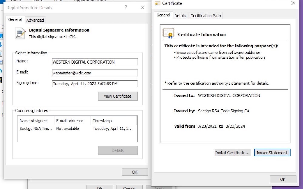 A screenshot of a Windows properties view showing a file, which was digitally signed by a code-signing certificate owned by Western Digital, used by the hackers to verify that they had access to its network. The certificate image says: "This certificate is intended for the following purposes; Ensures software came from software publisher; Protects software from alteration after publication.