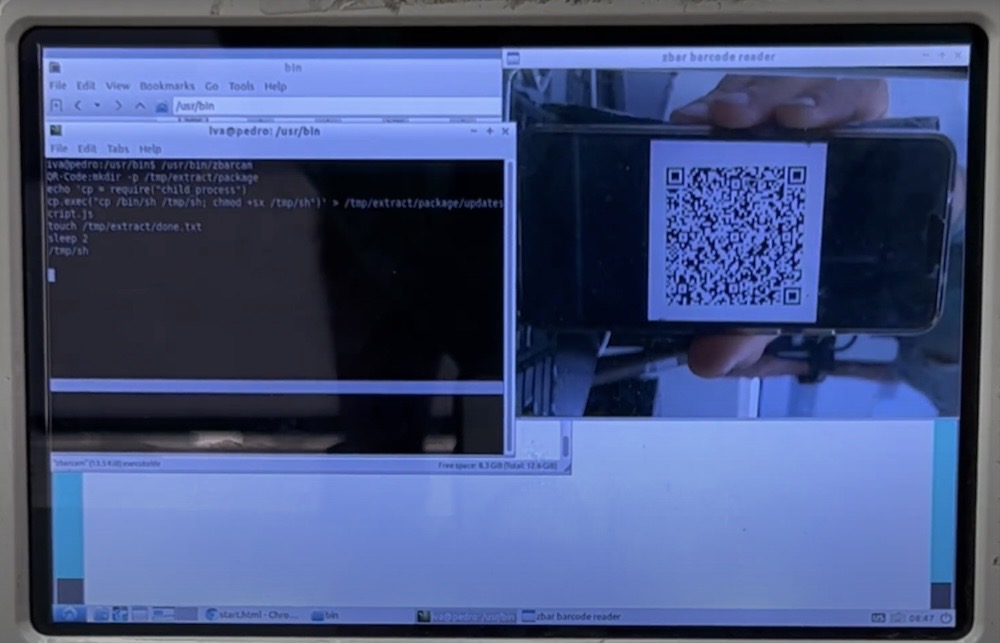 A photo of a QR code held up to a Bitcoin ATM and it popping a shell in a terminal window.