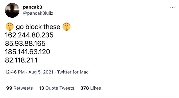 A tweet by Pancak3, containing four IP addresses that are (or were) used by the Conti ransomware group.