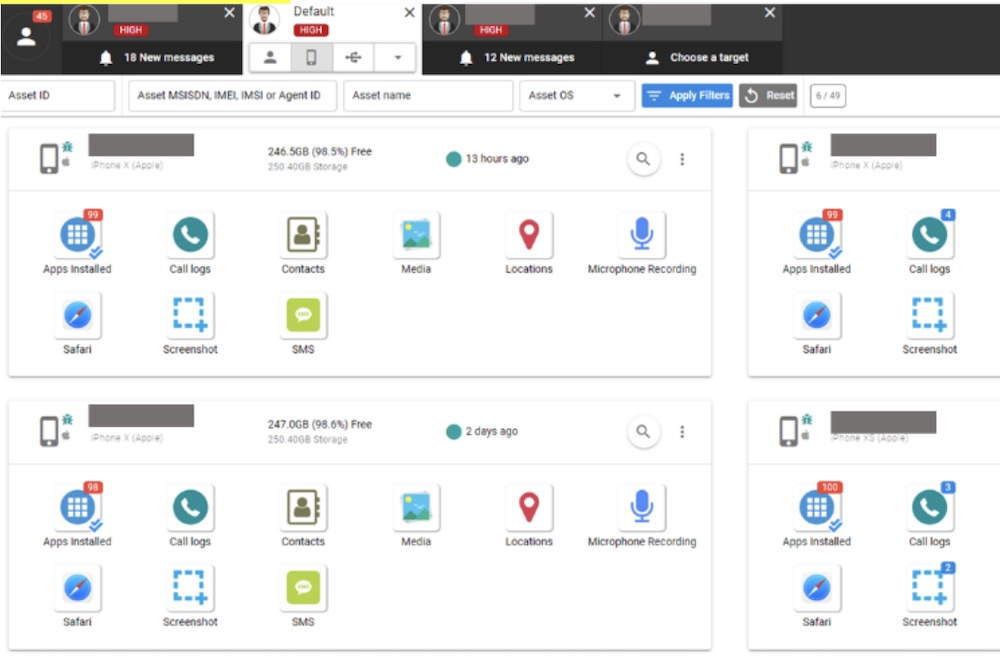 A screenshot showing the Predator spyware dashboard, which shows multiple targets and the ability to track the phone's contents and real-time location data.