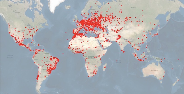 A map featuring red dots representing a compromised GPS device, with high clusters in Brazil, Mexico, Europe and across Africa and Asia.