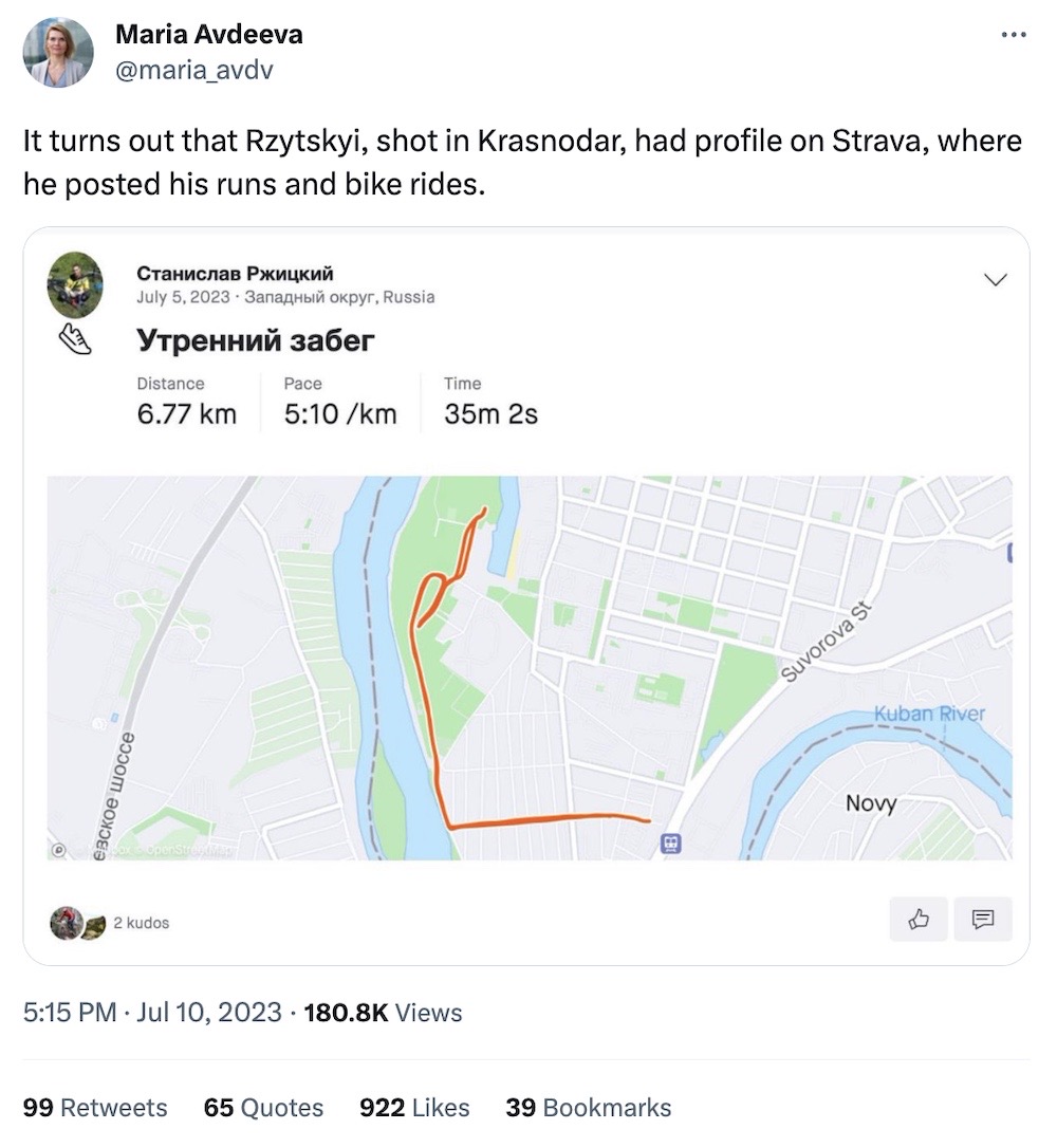 Maria Avdeeva tweet: "It turns out that Rzytskyi, shot in Krasnodar, had profile on Strava, where he posted his runs and bike rides." Followed by a photo of a Strava map showing the routes.