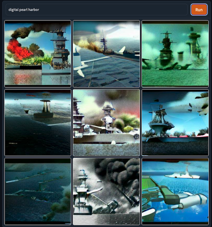 A screenshot of the DALL-E artificial intelligence engine drawing depictions of what it thinks a "digital Pearl Harbor" look like.