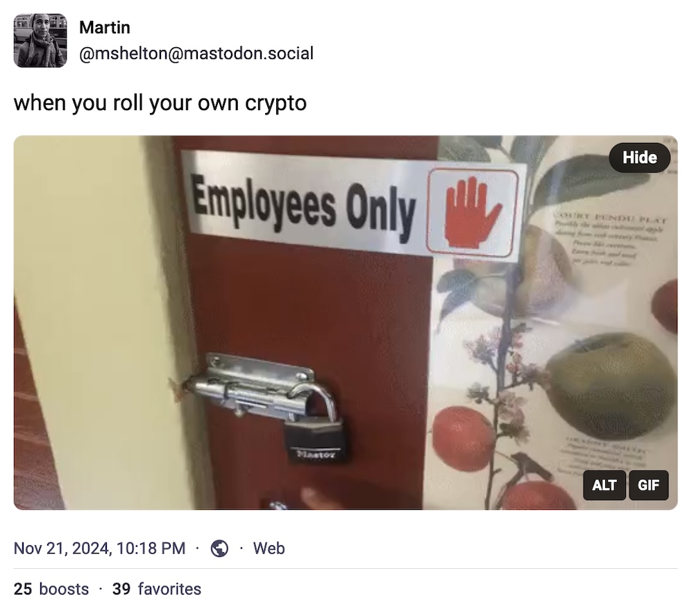Martin Shelton post on Mastodon: "when you roll your own crypto," followed by a photo of a sliding lock on a sliding door, which is ineffective.