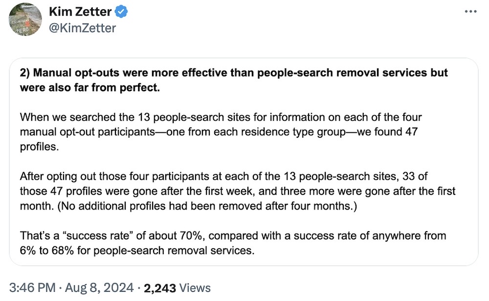 A screenshot from a tweet posted by Kim Zetter from the Consumer Reports finding, which reads in full as follows: "Manual opt-outs were more effective than people-search removal services but were also far from perfect. When we searched the 13 people-search sites for information on each of the four manual opt-out participants— one from each residence type group—we found 47 profiles. After opting out those four participants at each of the 13 people-search sites, 33 of those 47 profiles were gone after the first week, and three more were gone after the first month. (No additional profiles had been removed after four months.) That's a "success rate" of about 70%, compared with a success rate of anywhere from 6% to 68% for people-search removal services."
