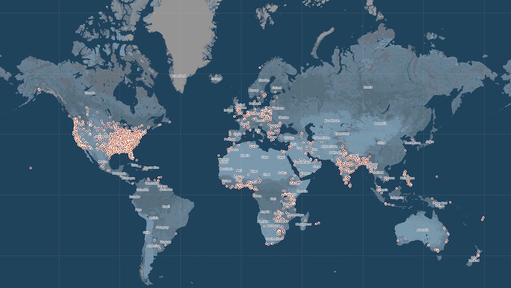 A photo of a map showing the locations of devices around the world that are compromised by LetMeSpy.