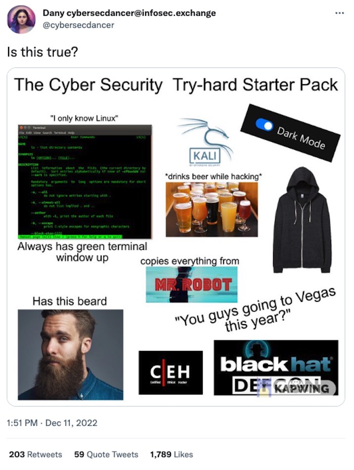 A photo of the "cyber security try-hard starter pack" which includes several joke items, like a black hoodie and dark-mode always enabled, and "has this beard" which is long and bushy because I have one too, oh no!