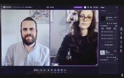 a screenshot showing a Riverside film studio setup, with Zack Whittaker on the left and documentary journalist Daisy Maskell on the right.